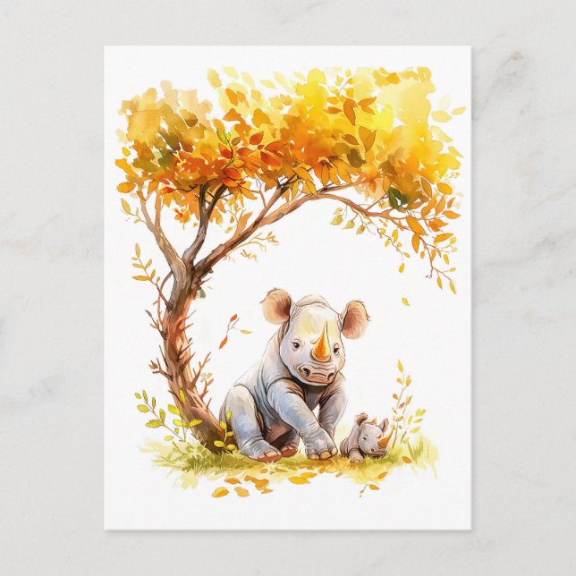 Baby Rhino under Träd Helg Vykort (Framsida)