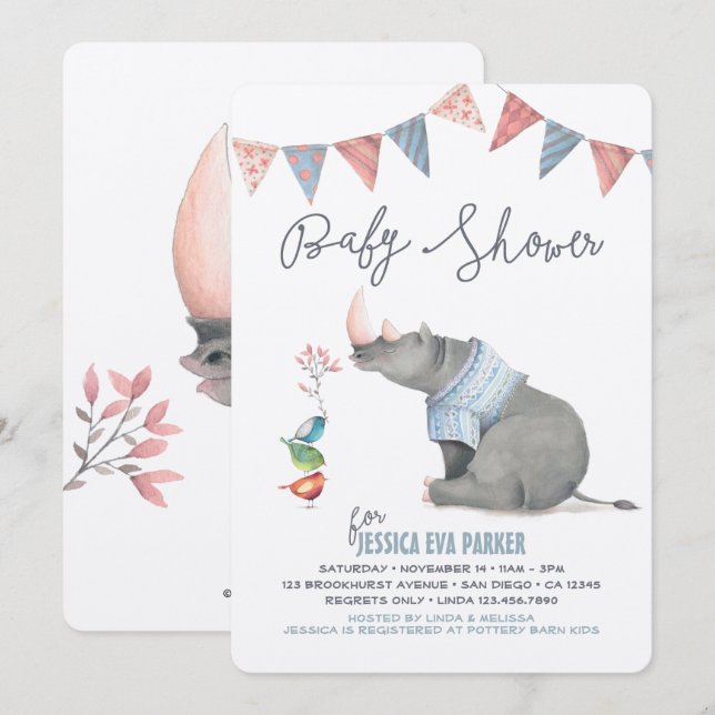 Baby Rhinoceros & Birdies Painting Baby Shower Inbjudningar (Fram/baksida)