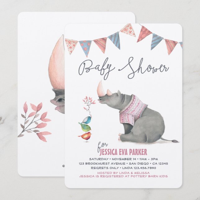 Baby Rhinoceros & Birdies Painting Baby Shower Inbjudningar (Fram/baksida)