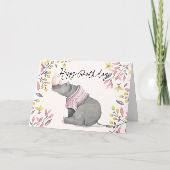 Baby Rhinoceros & Birdies Watercolor Birthday Kort (Framsida)