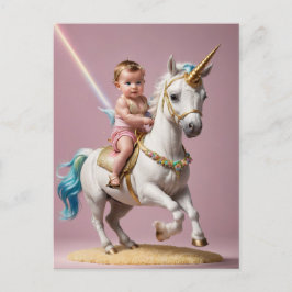 Baby Riding A Unicorn Vykort