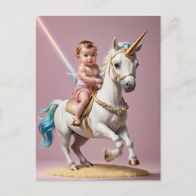 Baby Riding A Unicorn Vykort (Framsida)