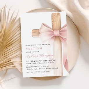 Baby Rosa Båge Kors Flicka Dop Inbjudningar