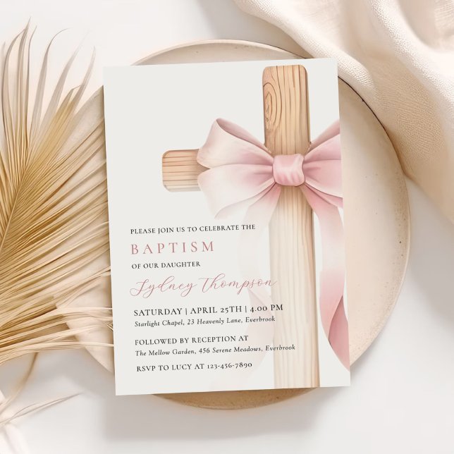 Baby Rosa Båge Kors Flicka Dop Inbjudningar (Skapare uppladdad)