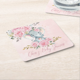 Baby Rosa Blommig Söt Elefant Baby Shower Underlägg Papper Kvadrat