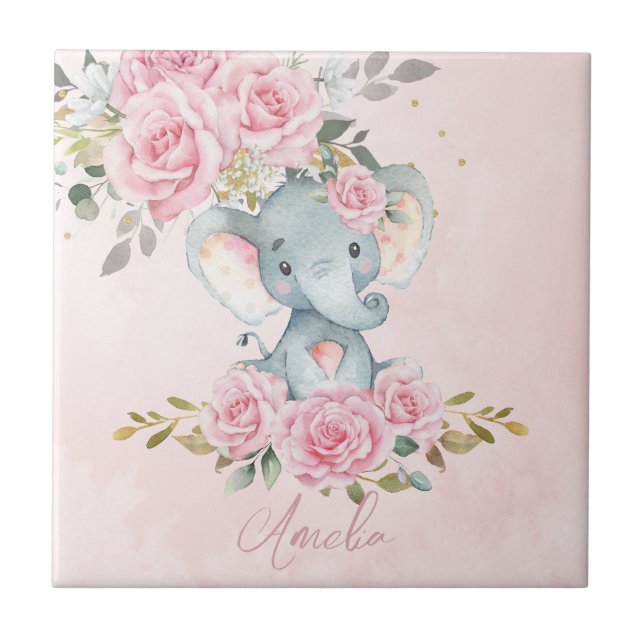 Baby rosa blommig söt elefant barnkammare sovrum  kakelplatta (Framsidan)