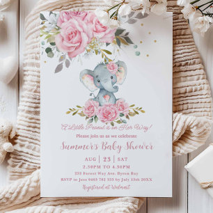 Baby Rosa Blommig Söt Elefant Tjej Baby Shower Inbjudningar