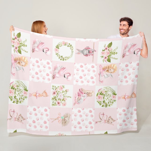 Baby Rosa Blommigt Animals Quilt Nursery Mönster Fleecefilt (På plats)