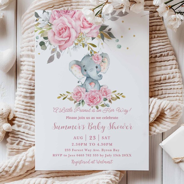 Baby Rosa Blommigt Cute Elephant Girl Baby Shower Inbjudningar (Skapare uppladdad)