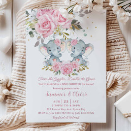 Baby Rosa Blommigt Cute Elephants Twillingar Baby  Inbjudningar