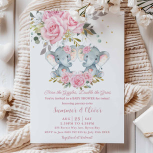 Baby Rosa Blommigt Cute Elephants Twillingar Baby  Inbjudningar