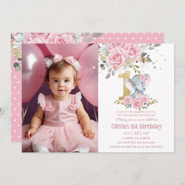 Baby Rosa Blommigt Elephant 1:a födelsemotofoto Inbjudningar (Fram/baksida)