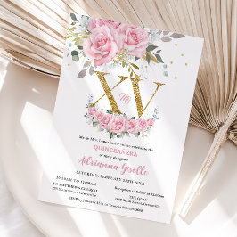 Baby Rosa Blommigt Guld XV Quinceañera Quince 15 Inbjudningar