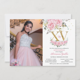Baby Rosa Blommigt Guld XV Quinceañera Quince Phot Inbjudningar