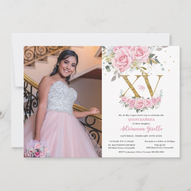 Baby Rosa Blommigt Guld XV Quinceañera Quince Phot Inbjudningar (Framsida)