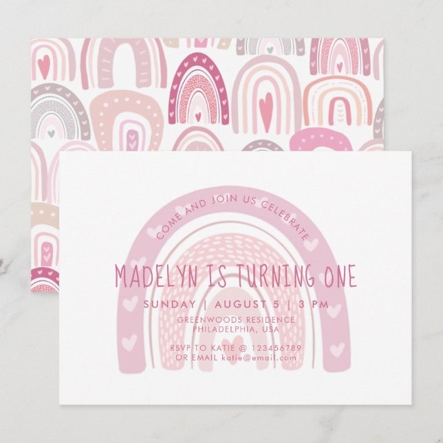 Baby Rosa Boho Rainbow första födelsedag Inbjudningar (Fram/baksida)