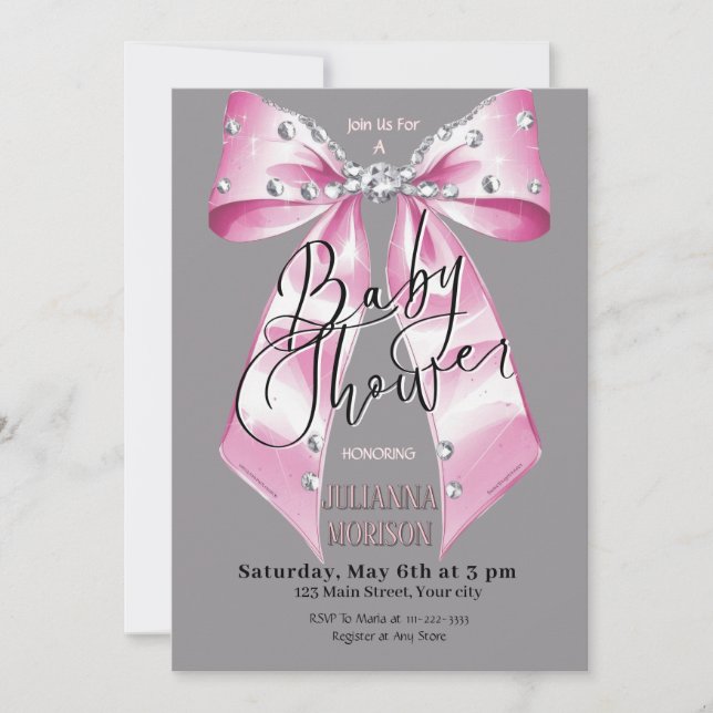 Baby Rosa Diamond Coquette Bow Baby Shower Girl Inbjudningar (Framsida)