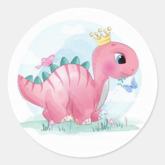 Baby Rosa Dinosaur med Krona Runt Klistermärke