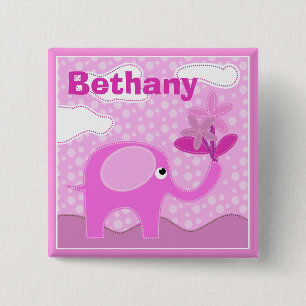 Baby Rosa Elephant and Flowers Personlig Knapp