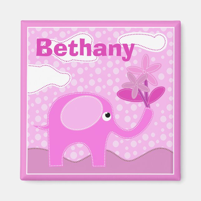 Baby Rosa Elephant and Flowers Personlig Magnet (Framsidan)