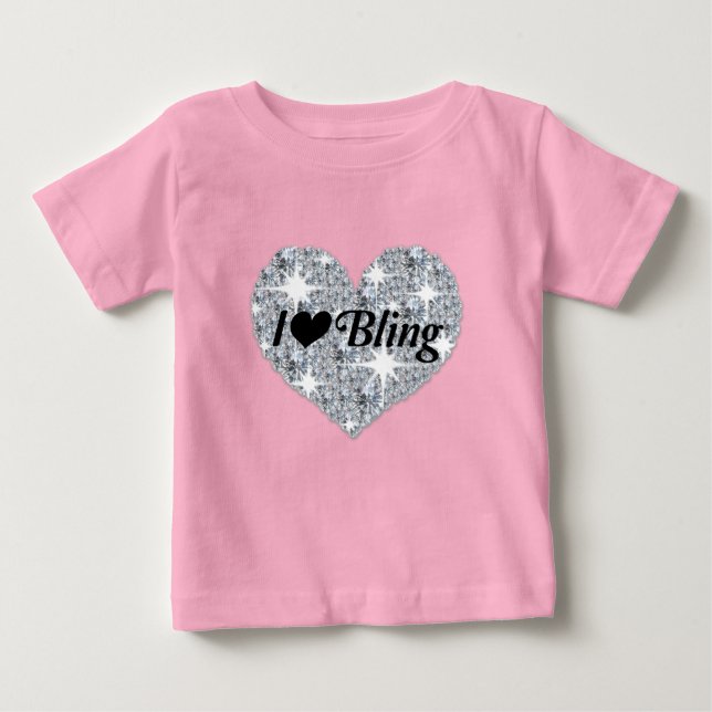 Baby Rosa Faux-diamanthjärtat "I Kärlek Bling" T Shirt (Framsida)