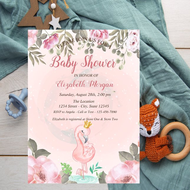 Baby Rosa Flamingo Kron Floral Babyfirande  Inbjudningar (Skapare uppladdad)