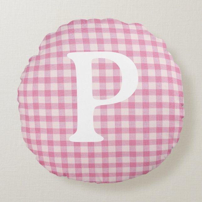 Baby Rosa Gingham Initial Anpassningsbar Rund Kudde (Framsidan)