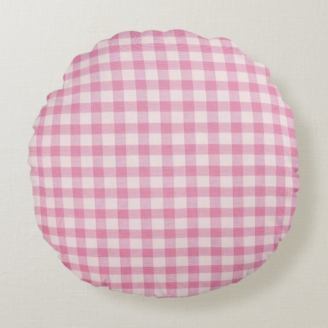 Baby Rosa Gingham Rund Kudde (Framsidan)
