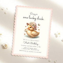 Baby Rosa Girl Lucky Anka Första födelsedagen Inbjudningar