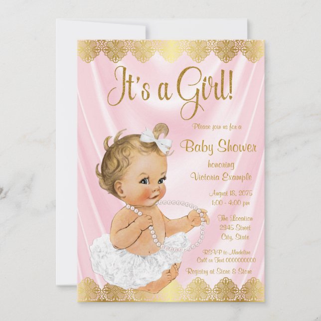 Baby Rosa Guld Tutu Pärlor Barnkalas Inbjudningar (Framsida)