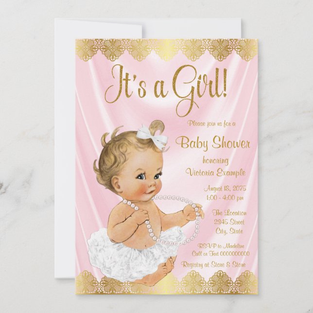Baby Rosa Guld Tutu Pearl Baby Shower Inbjudningar (Framsida)