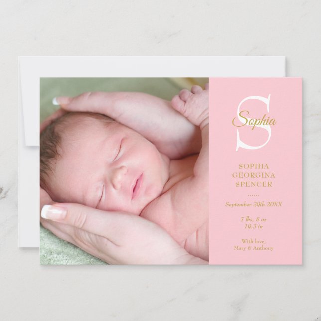 Baby Rosa Monogram Födelse 4 Bilder Modern Meddelande (Framsida)