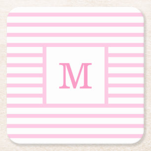 Baby Rosa och Rand Anpassningsbar Monogram Underlägg Papper Kvadrat