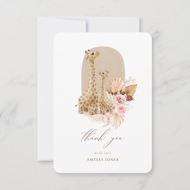 Baby Rosa Pampas Grass Giraffe Baby Shower Tack Kort (Framsida)