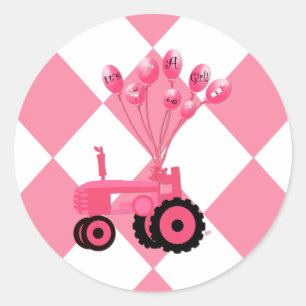 Baby Rosa Tractor med ballonsplockers Runt Klistermärke