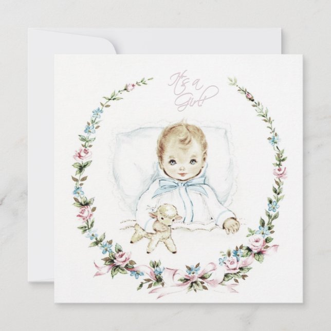 Baby Rosa Vintage Babyflicka Bebisdopp Inbjudningar (Framsida)