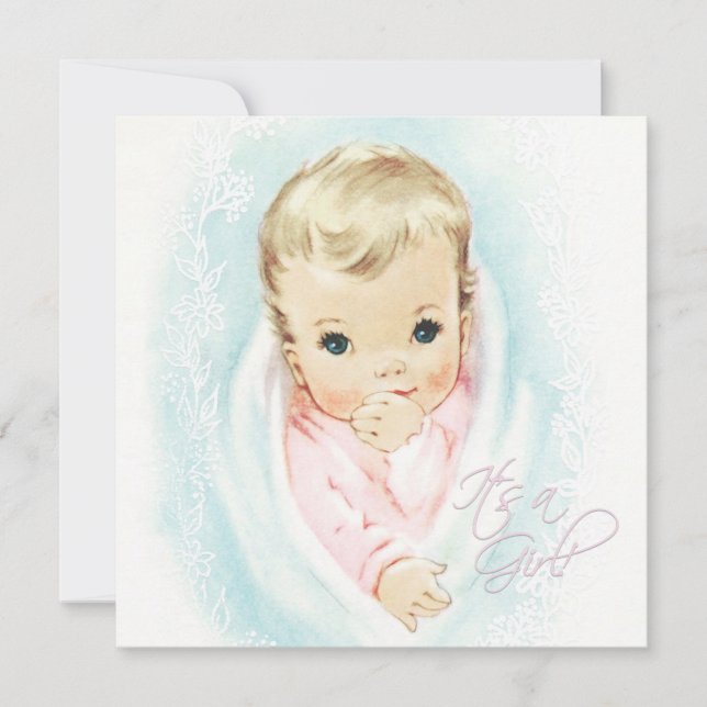 Baby Rosa Vintage Babyflicka Bebisdopp Inbjudningar (Framsida)