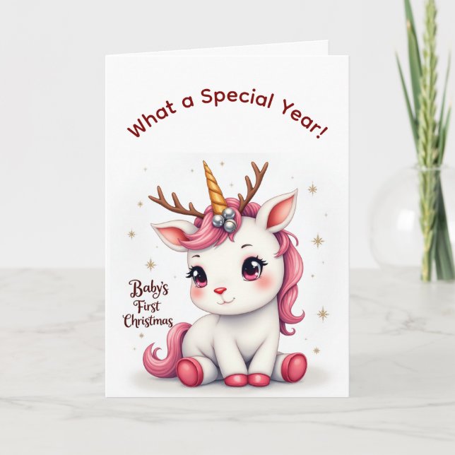 Baby’s First Christmas 2025 Unicorn Reindeer card Kort (Framsida)