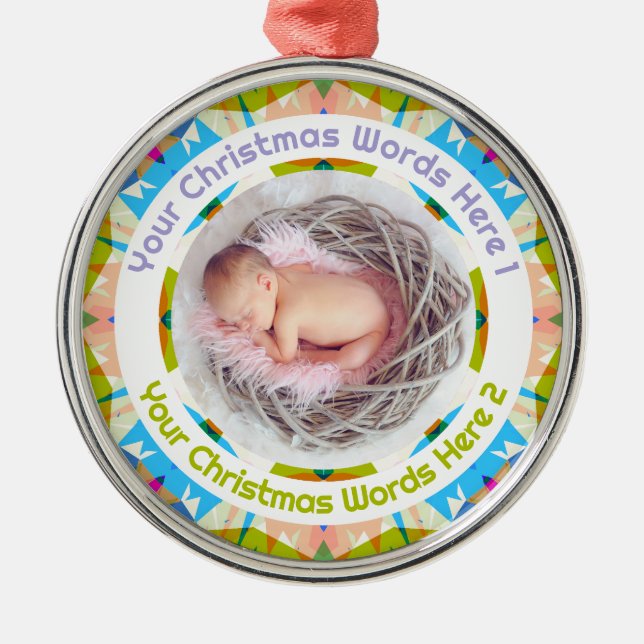 Baby’s First Christmas Blue Pink Green Photo Gift Julgransprydnad Metall (Framsidan)