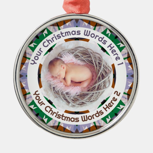 Baby’s First Christmas Brown Green Purple Photo Julgransprydnad Metall (Framsidan)