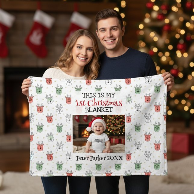 Baby’s First Christmas Custom Name Photo Reindeer  Fleecefilt (Skapare uppladdad)
