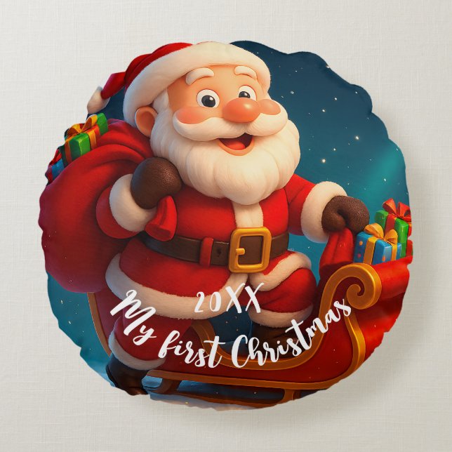Baby’s First Christmas - Cute Holiday Santa Rund Kudde (Framsidan)