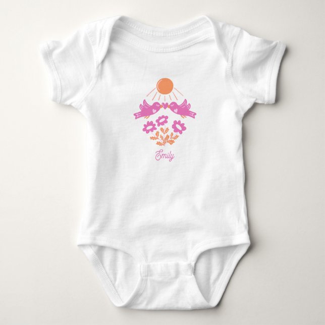 Baby’s First Spring Bodysuit – Pink Birds Daisy T Shirt (Framsida)