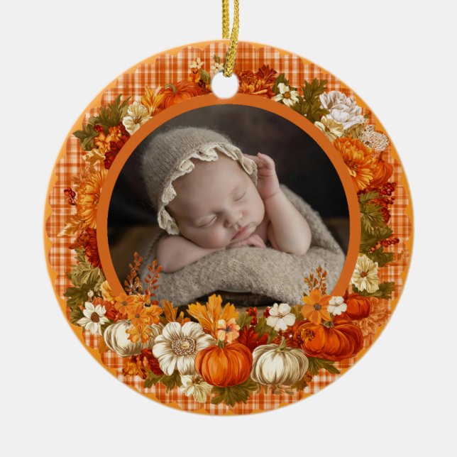 Baby’s First Thanksgiving Fall Floral Photo Julgransprydnad Keramik (Framsidan)