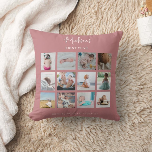 Baby:s första år Foto Collage Födelse Statistik Ro Kudde (Filt)