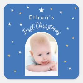 Baby:s första jul Anpassad båge Foto Blå Fyrkantigt Klistermärke