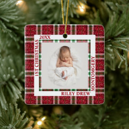 Baby:s första jul fotot rutig julgransprydnad keramik