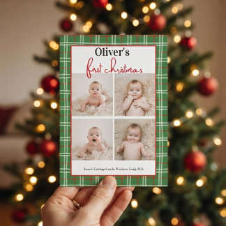 Baby s första jul grön röd rutig 4 Foto Inbjudningar