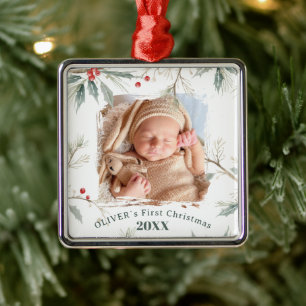 Baby`s första jul julros vinter växtlighet Foto Julgransprydnad Metall