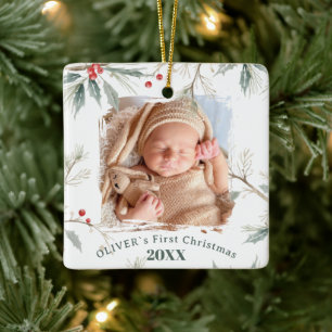 Baby`s Första Jul Julros Vintergrön Foton Julgransprydnad Keramik